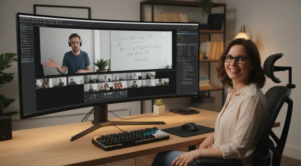 Educator at a computer workstation with a large ultrawide monitor displaying OBS Studio with multiple camera feeds — showing the behind-the-scenes of a professional multicam teaching setup