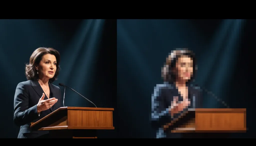 Side-by-side comparison showing a crisp optically zoomed image of a speaker versus a pixelated digitally zoomed version of the same scene, demonstrating the quality difference between optical and digital zoom
