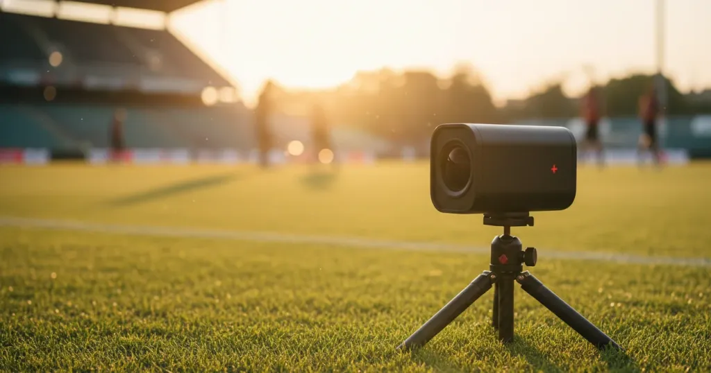 Kabellose Streaming-Kamera auf Stativ am Sportplatz bei goldenem Abendlicht
