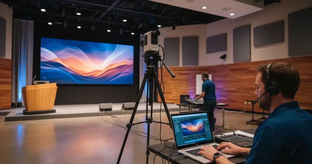 Professional live streaming setup in a modern church venue with a PTZ camera on tripod capturing a stage, operator working on laptop with streaming software