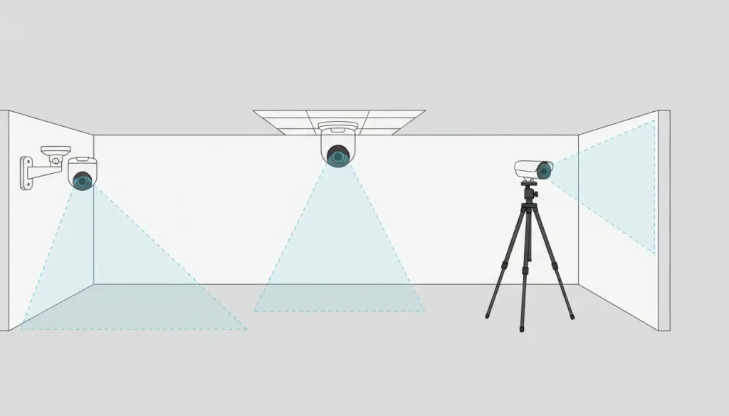 Three PTZ camera mounting options showing wall mount, ceiling mount, and tripod mount with field of view coverage areas