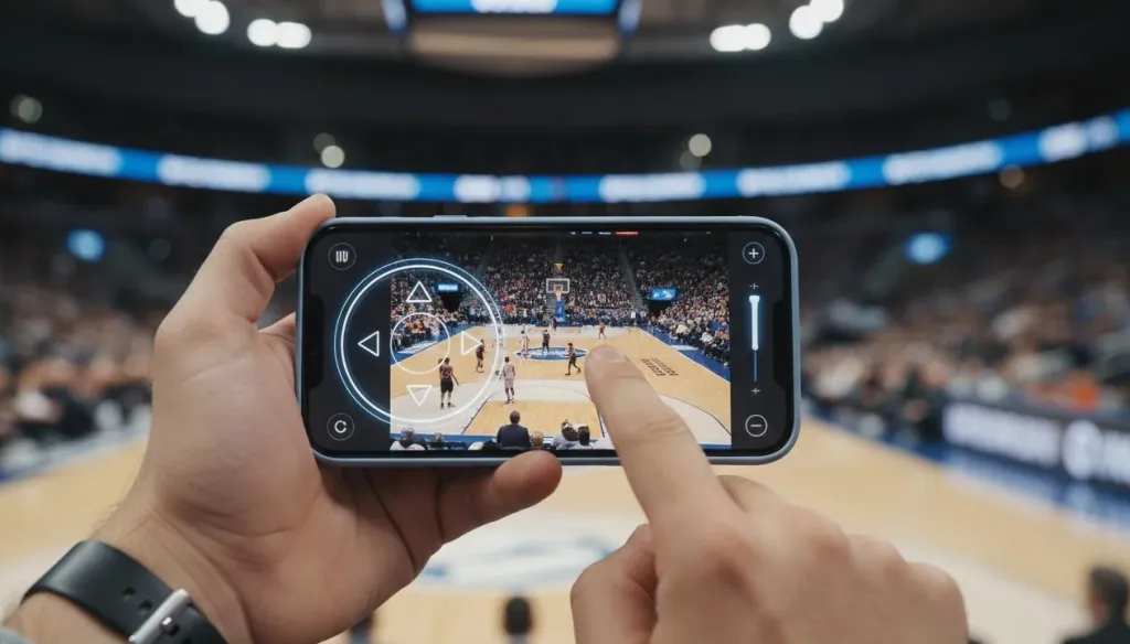 Smartphone app controlling a PTZ camera at a basketball game showing remote pan-tilt-zoom interface
