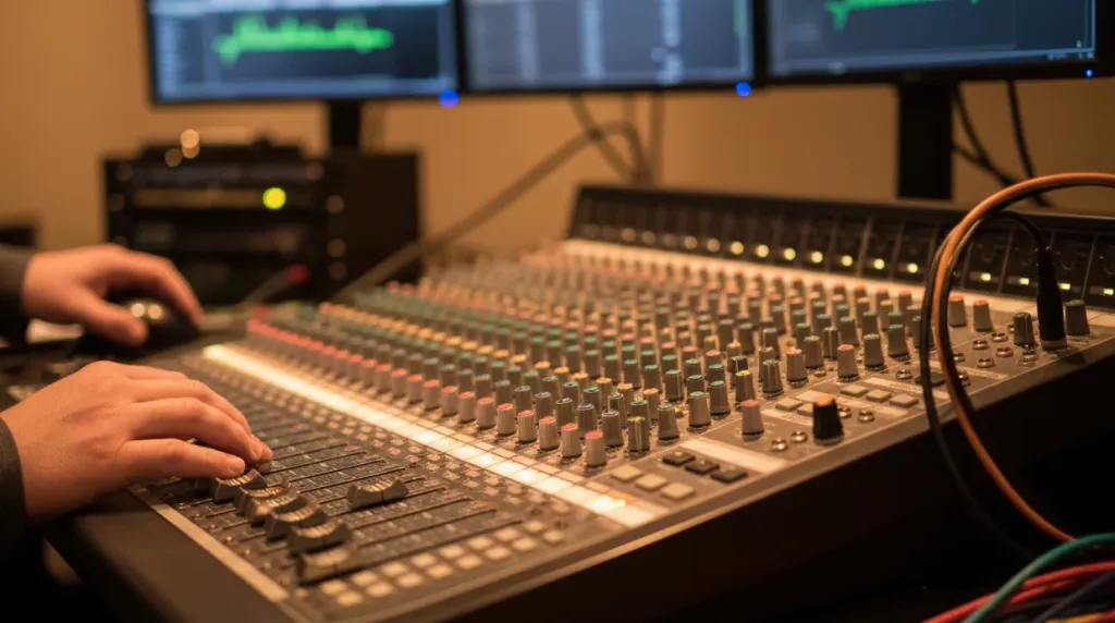 Close-up of a professional audio mixing console in a church AV booth with an operator adjusting faders and levels