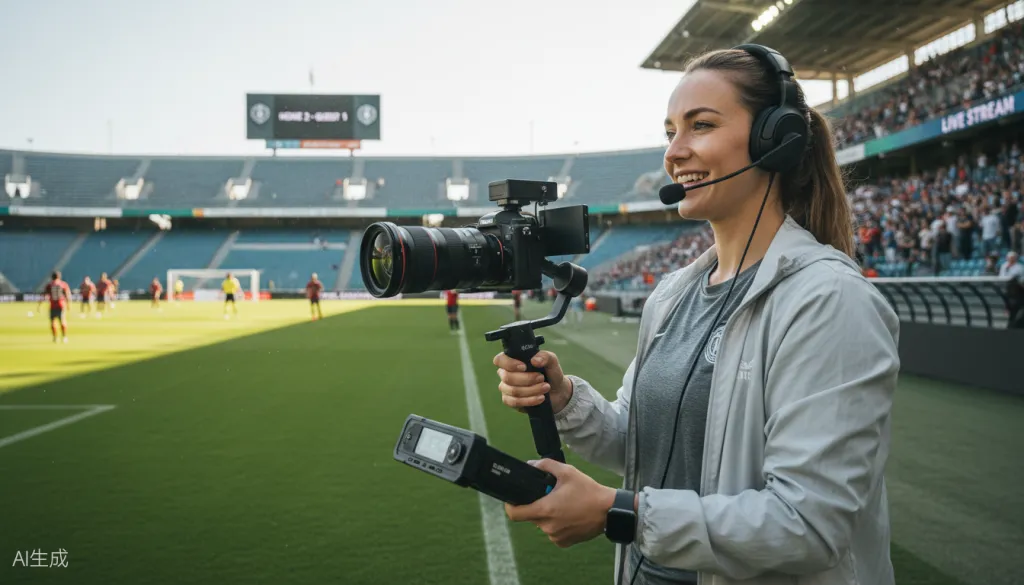 Figure 4: Sports live streamer filming at a stadium with professional wireless microphone equipment