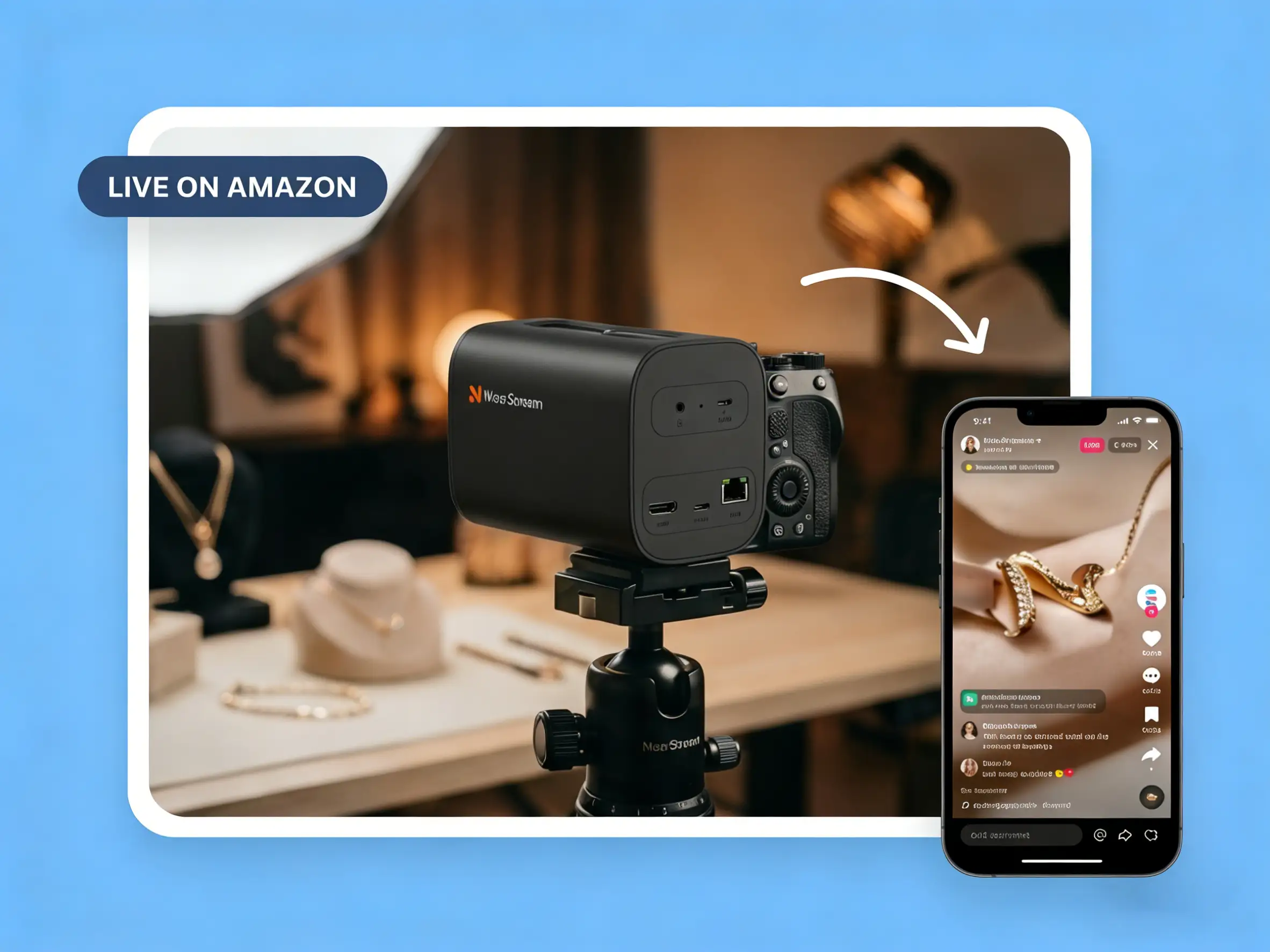 Professional TikTok Shop live streaming setup with NearStream VM20 camera vertically mounted showing clear fashion details