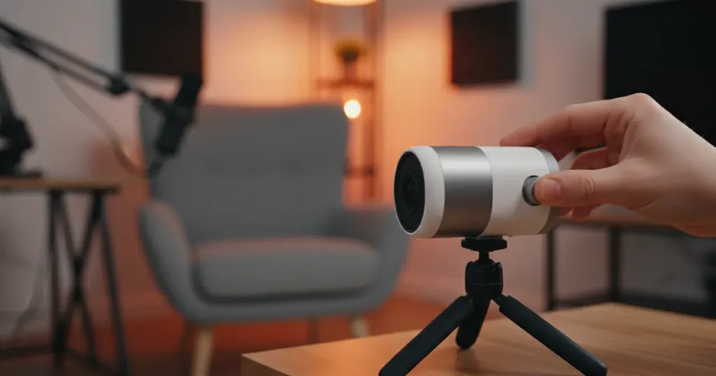 Hand justiert eine kompakte Streaming-Kamera auf einem Mini-Stativ in einem gemütlichen Podcast-Setup