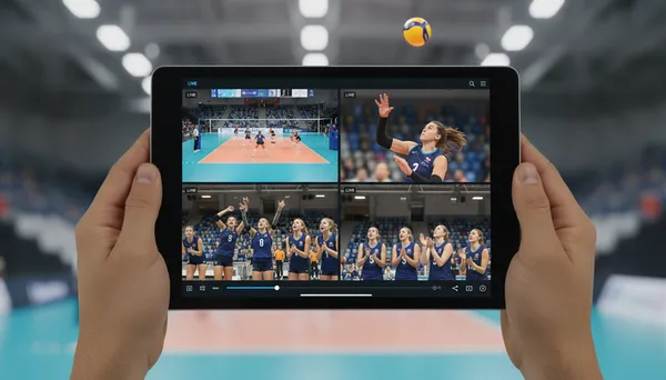 A tablet displaying a multi-camera streaming app with three simultaneous volleyball feeds: wide court view, player close-up, and team bench reactions