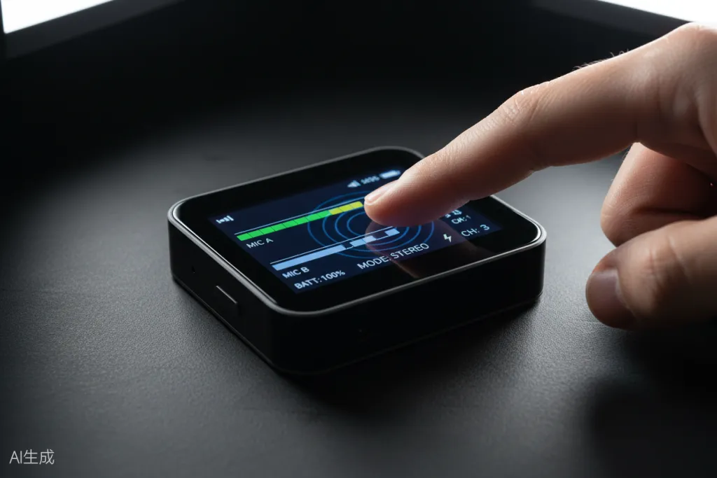 Figure 3: The AWM28T's LCD touchscreen shows battery levels, signal strength, and mode selection at a glance