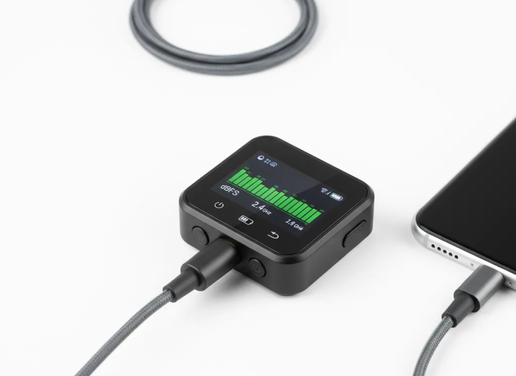 Figure 4: Compact wireless microphone receiver with LCD touchscreen displaying audio levels and connected to smartphone