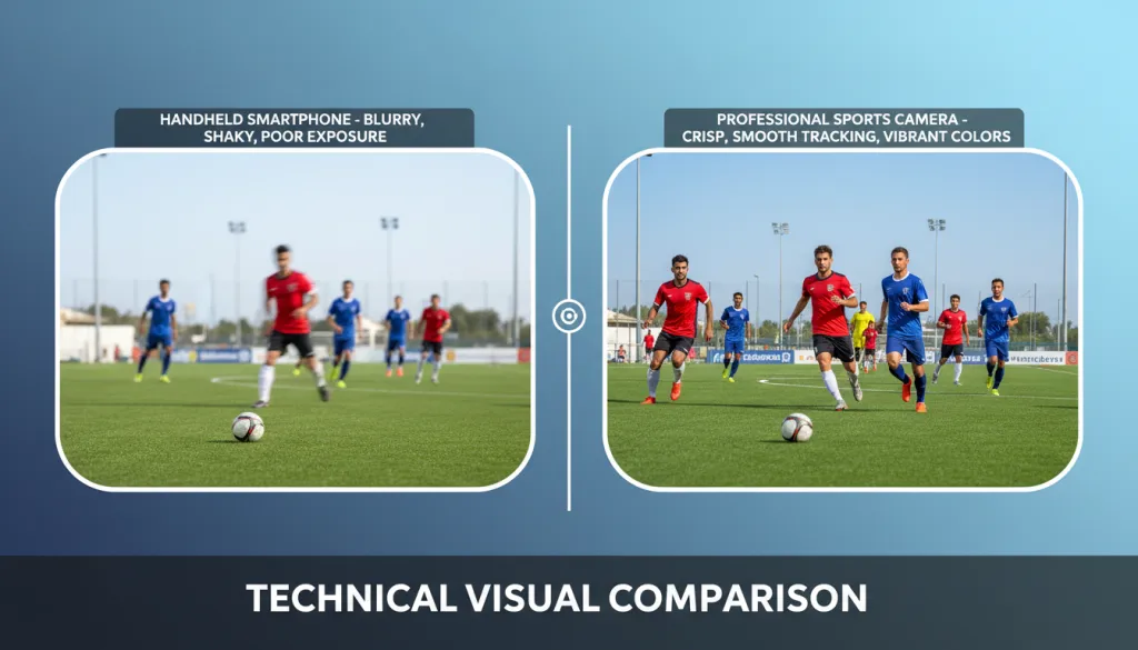 Figure 5: Side-by-side comparison showing blurry smartphone footage versus crisp professional sports camera output