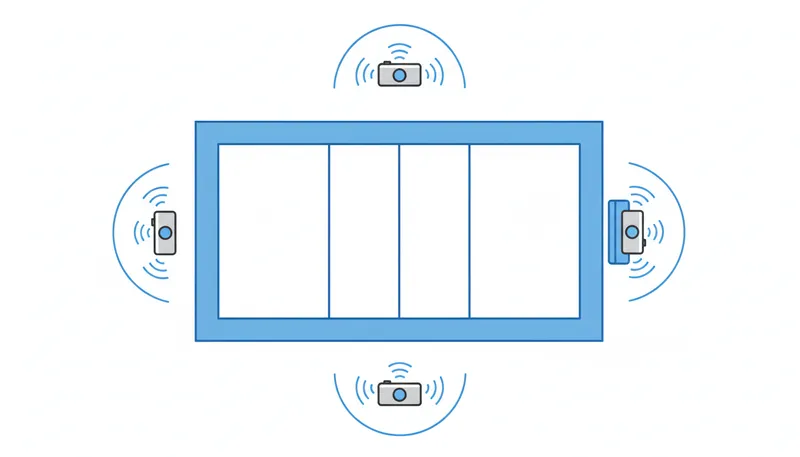 A clean diagram showing three wireless camera positions around a volleyball court with Wi-Fi signal icons connecting each unit to a central control point