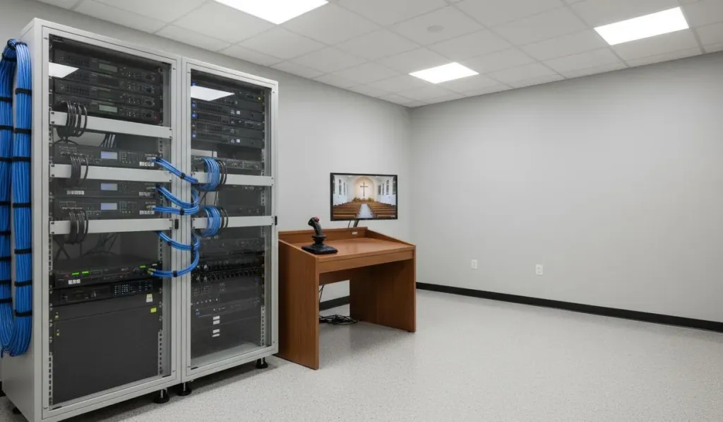 Clean AV equipment rack with neatly organized cables and a simple control station showing a church livestream on a monitor
