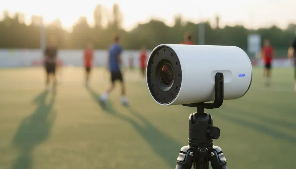 Close-up of a modern white wireless streaming camera on a tripod at an outdoor sports venue during golden hour