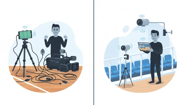 A messy traditional streaming setup with tangled cables and heavy camcorders compared to a clean wireless multicam configuration controlled from a tablet in bleachers