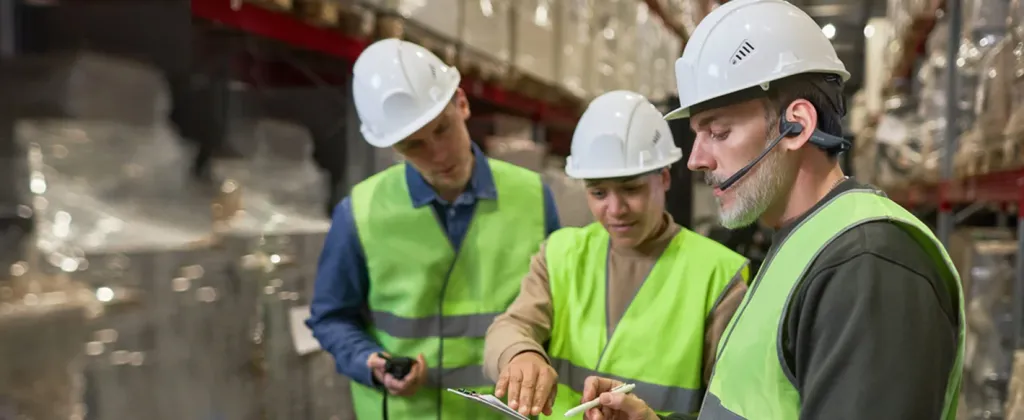 Team of logistics supervisors in safety vests using Nuroum open-ear headsets to coordinate tasks in a loud industrial warehouse environment.