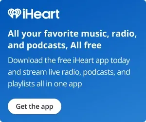iHeartRadio promotional banner displaying free music, radio, and podcasts, serving as a reliable free music app without ads for legal US streaming.