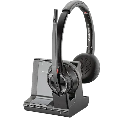 Poly Savi 8220 wireless trucking headset with charging base for office and dispatch use.