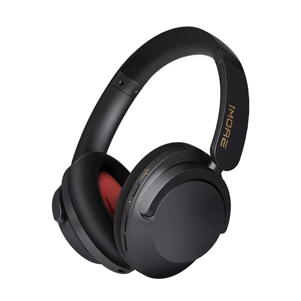 A close-up product photo of the black 1More SonoFlow over-ear wireless headphones for android, featuring the gold logo and a flexible headband.