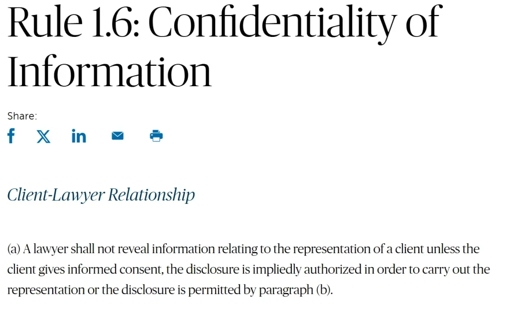 Screenshot of ABA Model Rule 1.6 regarding Confidentiality of Information for lawyers.