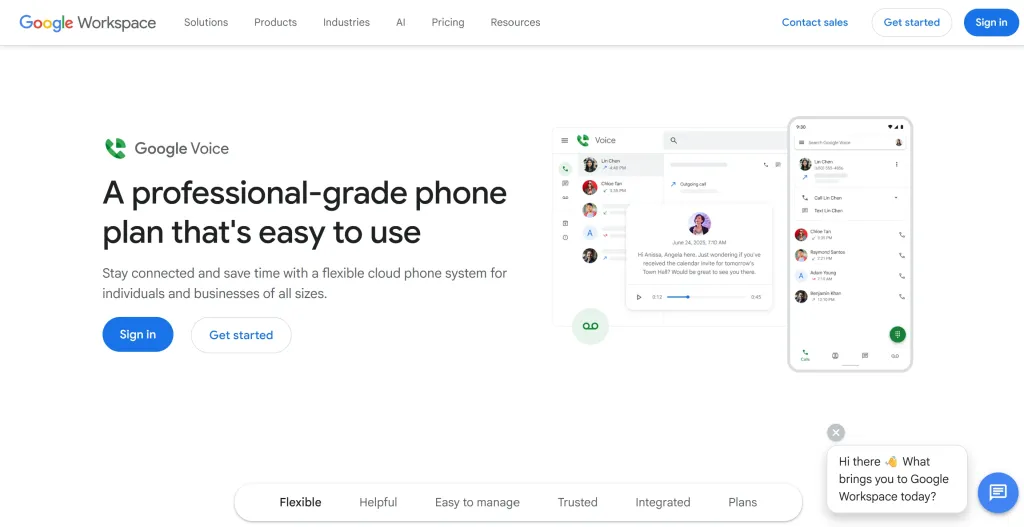 The Google Voice homepage showing a professional cloud phone system interface used to call phone from computer.