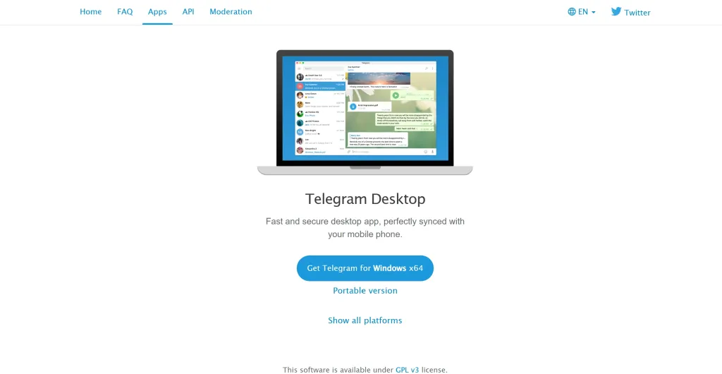 Telegram Desktop download page featuring a secure app perfectly synced with mobile for making a call phone from computer.