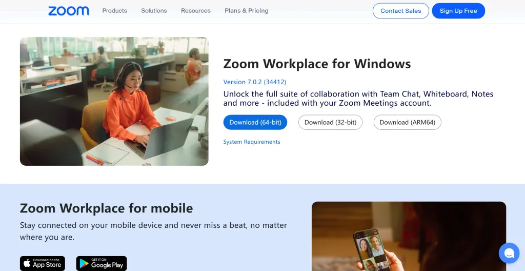 Zoom Workplace download page for Windows, offering a full collaboration suite to call phone from computer with professional audio.