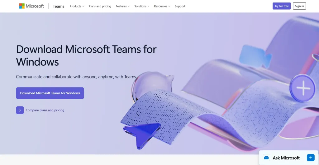 Official download page for Microsoft Teams for Windows, enabling users to communicate, collaborate, and call phone from computer.