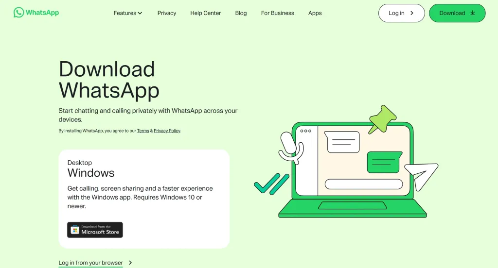 WhatsApp download page for Windows desktop, showing how to start chatting and initiate a private call phone from computer.
