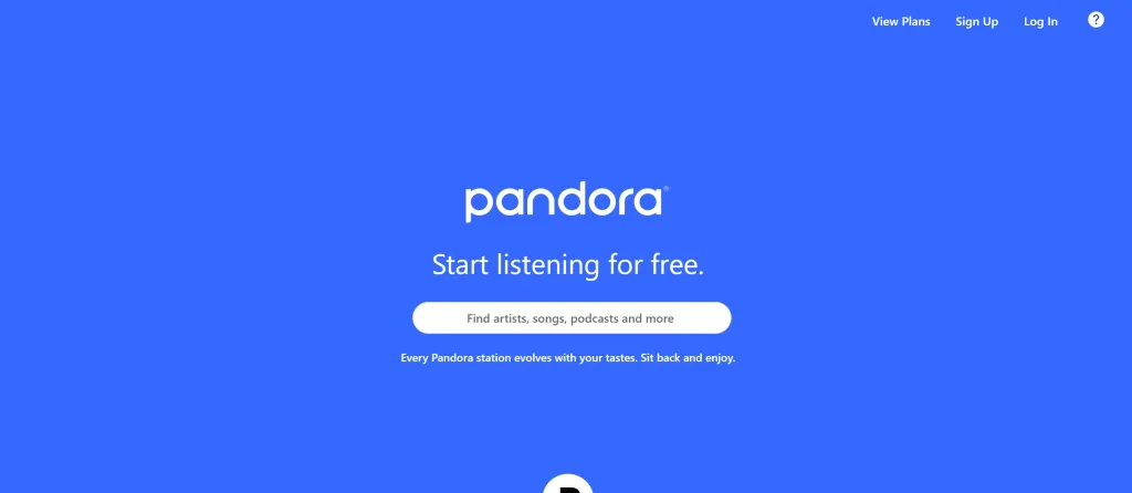 The Pandora homepage interface with the text 'Start listening for free', highlighting a popular workaround for a free music app without ads through personalized stations.