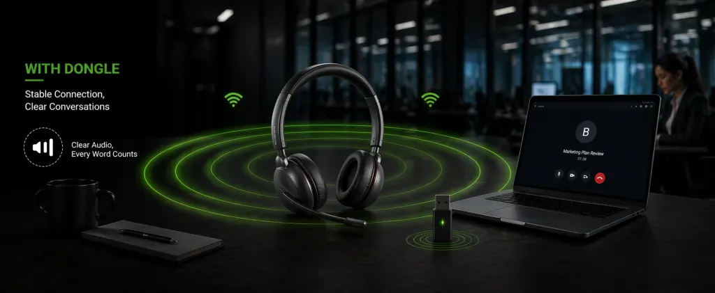 A headset with noise cancelling mic using a dedicated channel via USB dongle to block severe Wi-Fi interference in a busy office.