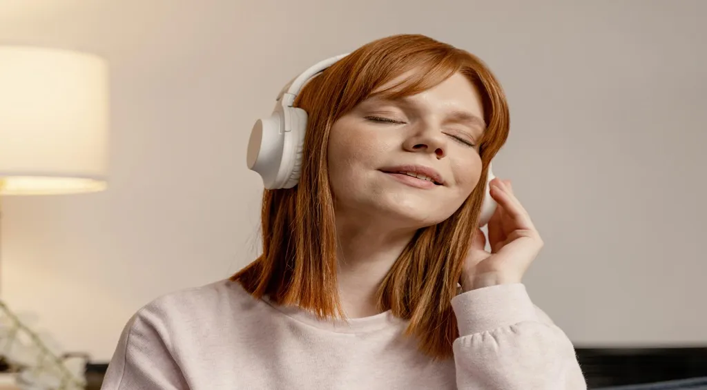Close-up portrait of a woman wearing white headsets for immersive home listening