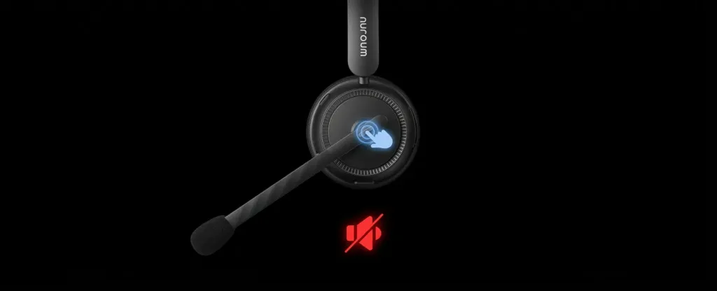 Professional wireless headset mic with native mute button synchronized with Zoom and Teams via USB dongle.