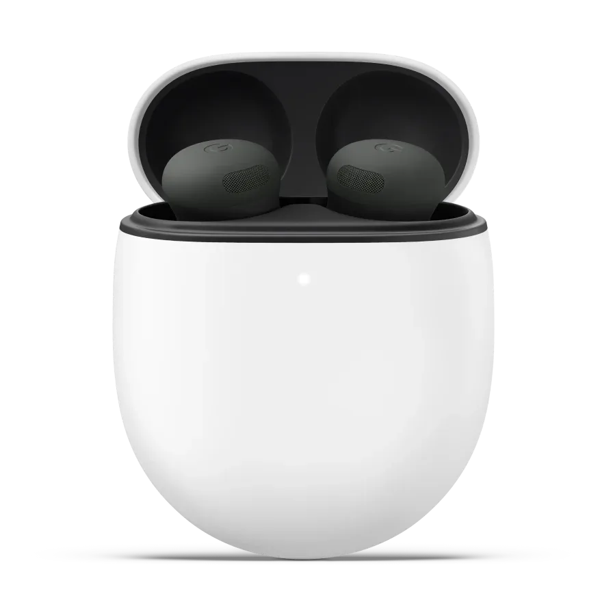 A pair of black Google Pixel Buds wireless headphones for android sitting in their open white charging case.