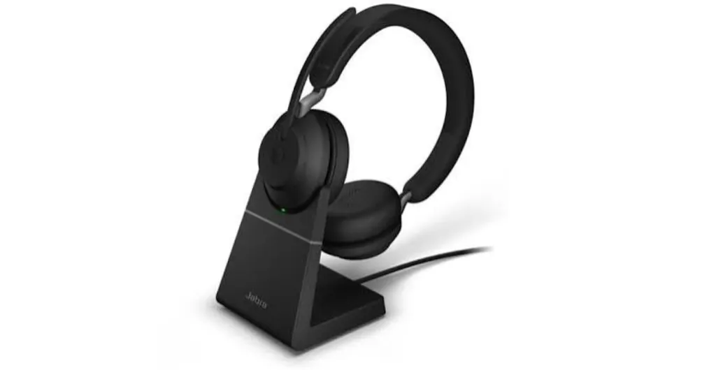 Jabra Evolve2 65 professional business wireless stereo headset with charging stand, matte black on-ear headset with silver metal adjustment hinges