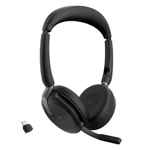 Jabra Evolve2 65 high-performance wireless headset for office with long-lasting battery life.