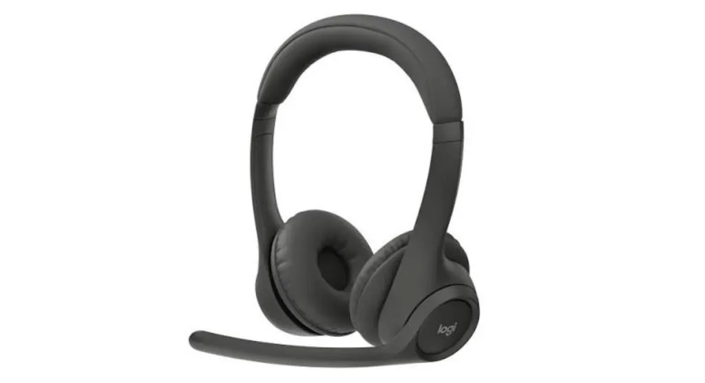 Logitech Zone 301 dual-ear wireless headset in dark gray with cushioned ear pads, foldable boom microphone, and Logi branding on the ear cup.