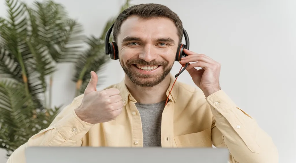 Man wearing a headset during a clear and comfortable phone call