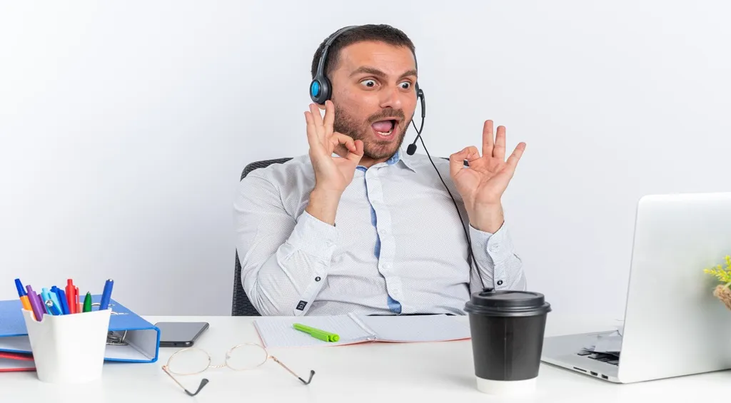 Man wearing a headset with a microphone during a video call