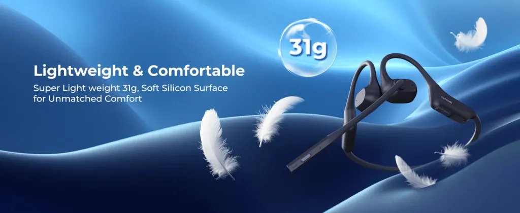 Ultra-lightweight 31g open-ear professional headset with flexible boom microphone and soft silicone surface for unmatched comfort.