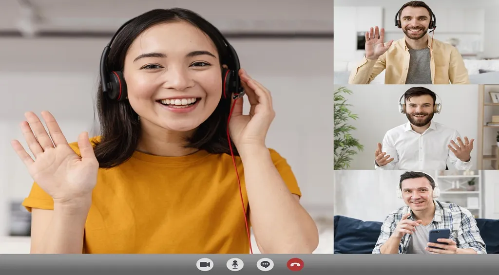 People wearing headsets during a group video conference