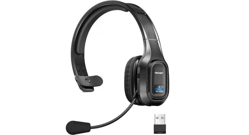 TECKNET TK-HS001 single-ear wireless headset with a flexible boom mic and USB dongle, featuring a mic mute button with blue indicator light on the ear cup.