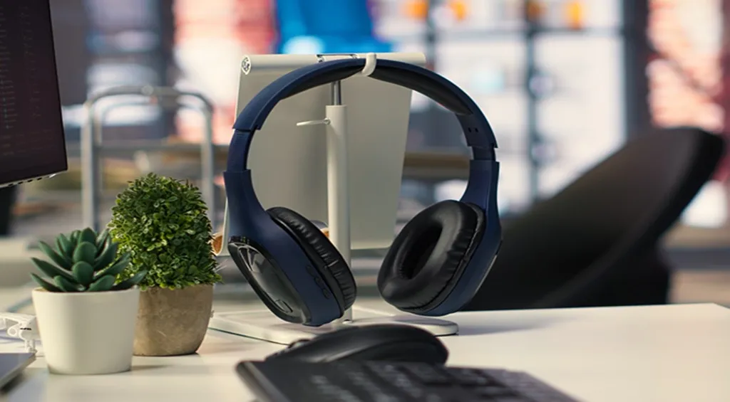 a headphone on a desk in a modern office workspace