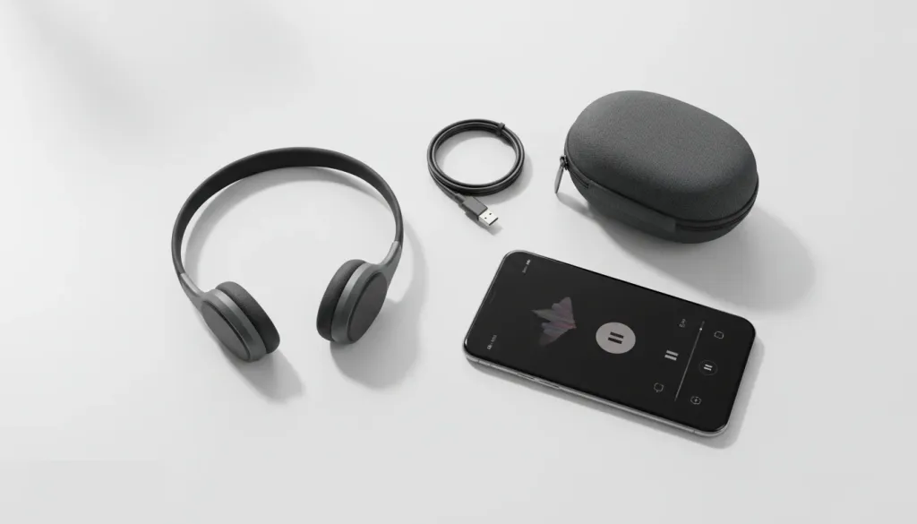 オープンイヤー型ヘッドセットとアクセサリーのフラットレイ