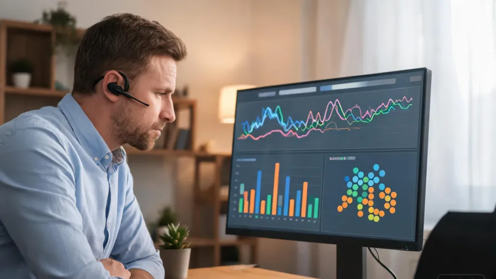 Sales representative reviewing an AI-powered dashboard with call analytics and sentiment analysis, modern interface, focused professional, technology review style