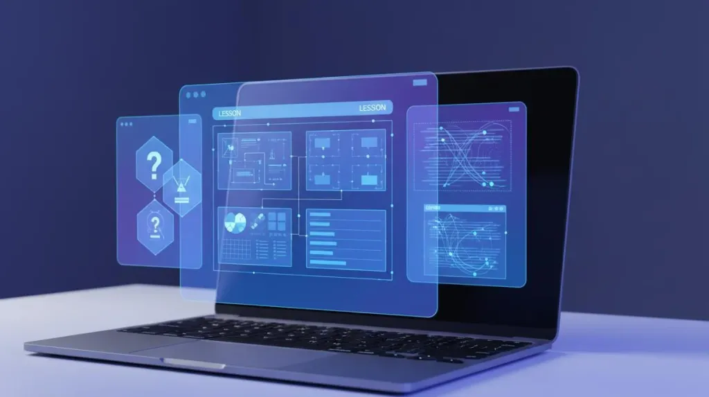 A futuristic visualization of AI-assisted online teaching tools with holographic interface elements floating above a laptop showing organized lesson blocks and content cards