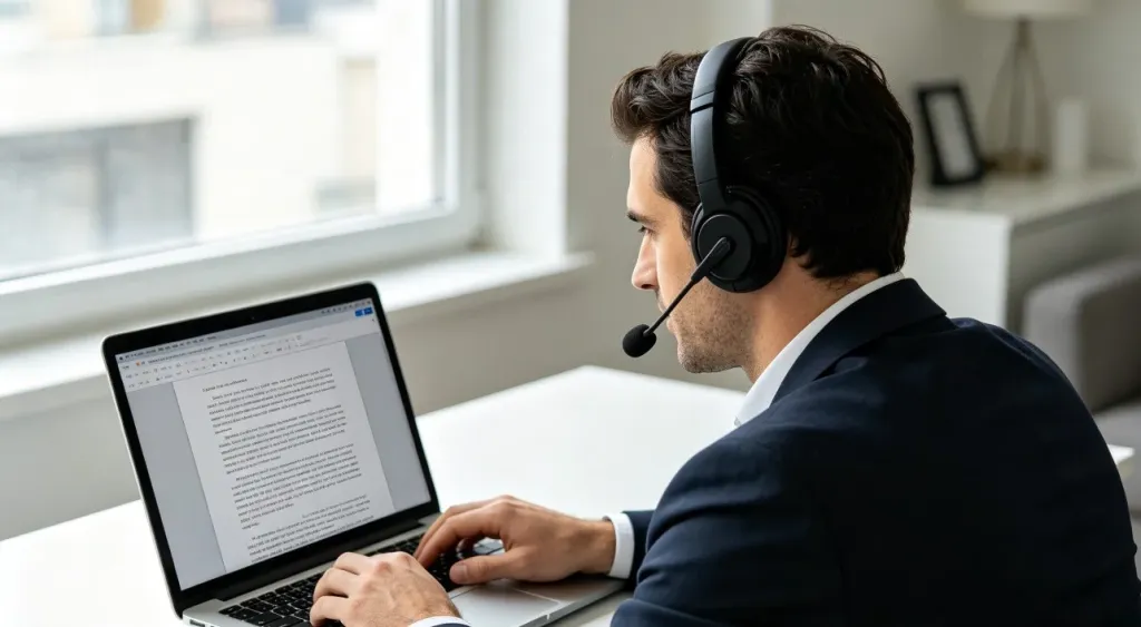 A person wearing a wireless over-ear headset typing on a laptop with transcribed text on screen