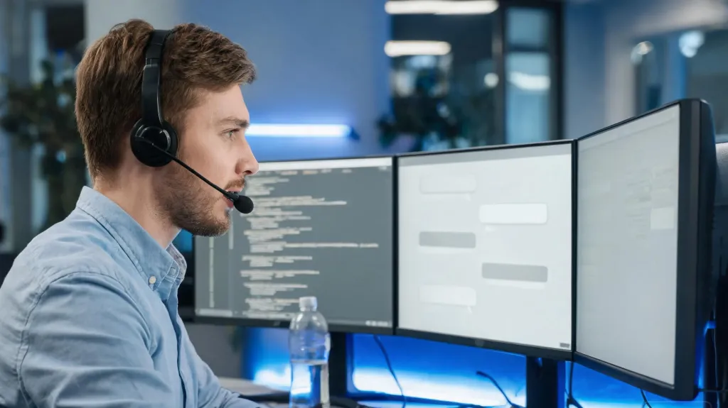 Software developer wearing a professional headset with boom microphone, speaking commands to an AI assistant on a multi-monitor workstation
