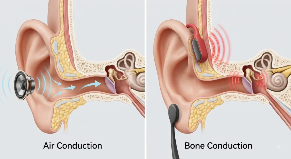 A side-by-side technical macro illustration of two human ear anatomical cutaways. The left side shows air conduction sound waves passing through the open ear canal (blue arrows); the right shows bone conduction vibrations bypassing the eardrum to the cochlea (red waves).