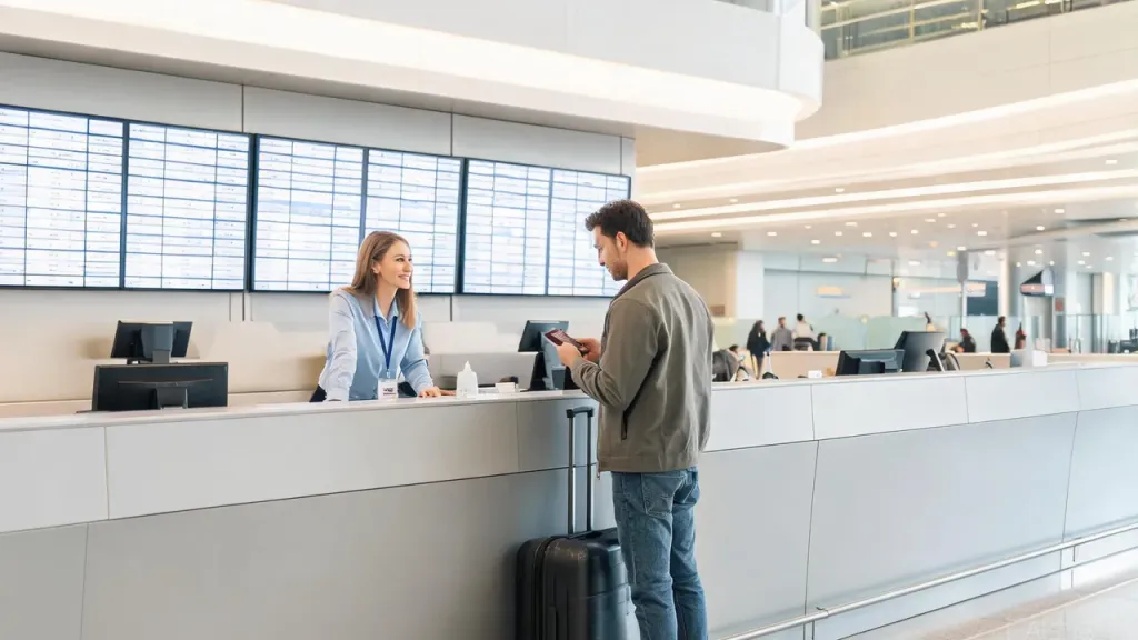 Busy airport support center with agents at modern workstations, bright ambient lighting, and flight information displays visible in the background