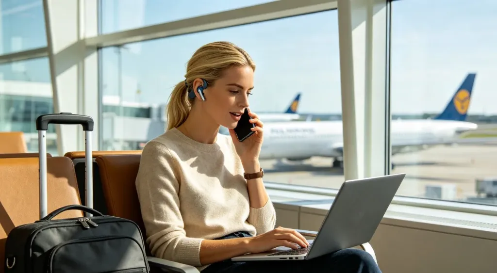 A blonde woman in an airport lounge wearing an open-ear headphone while working on a laptop